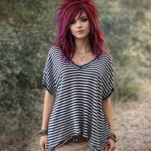 Free People We The Free Black & Cream Stripe Short Sleeve High Low Tunic